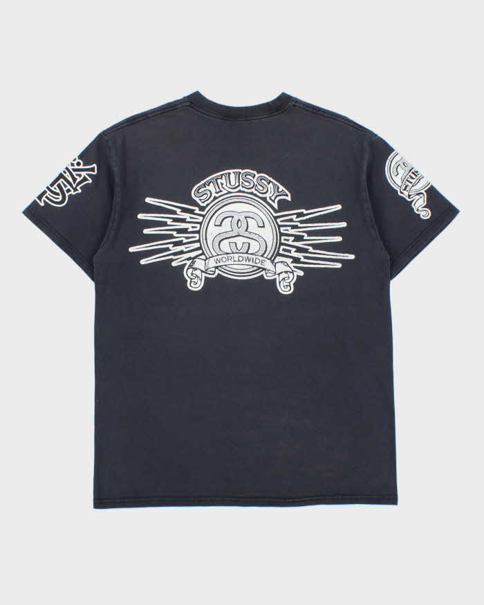 Vintage Stussy Worldwide Faded Black Heavyweight Quad Logo Crewneck T-Shirt - M