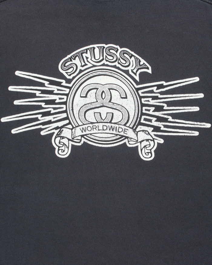 Vintage Stussy Worldwide Faded Black Heavyweight Quad Logo Crewneck T-Shirt - M
