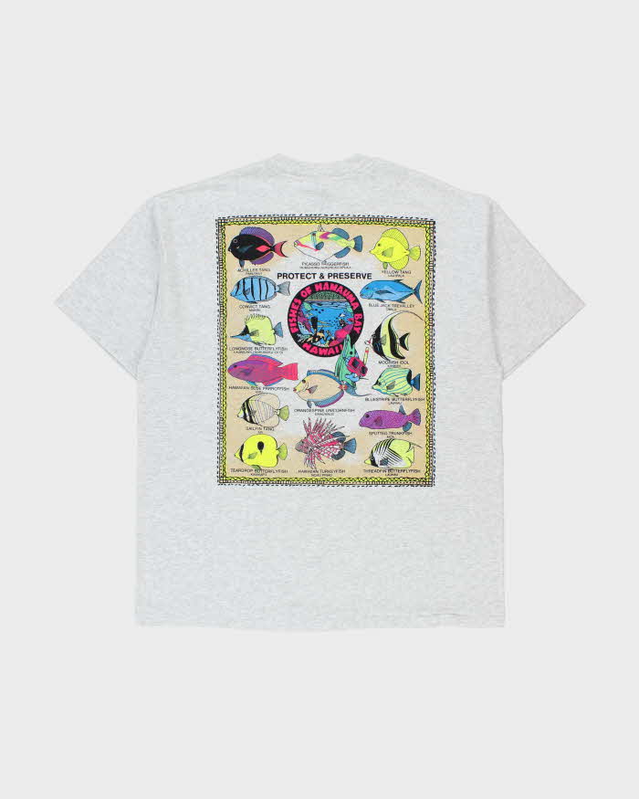 Vintage 1990s Fishes Of Hanauma Bay Hawaii Marl Grey Heavyweight Hanes Single Stitch Crewneck T-Shirt - XL