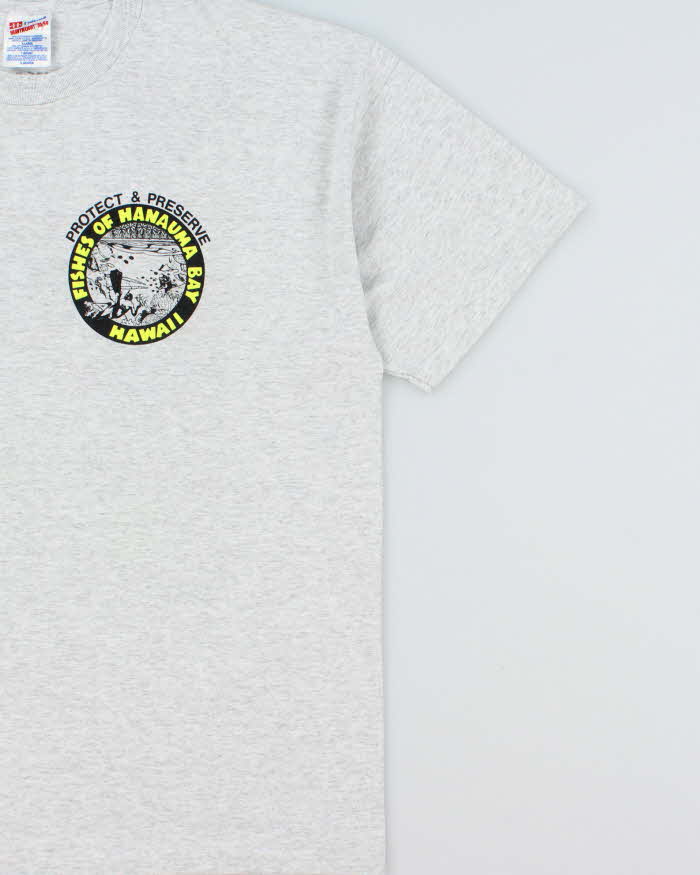Vintage 1990s Fishes Of Hanauma Bay Hawaii Marl Grey Heavyweight Hanes Single Stitch Crewneck T-Shirt - XL