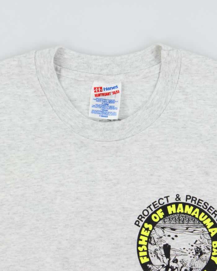 Vintage 1990s Fishes Of Hanauma Bay Hawaii Marl Grey Heavyweight Hanes Single Stitch Crewneck T-Shirt - XL