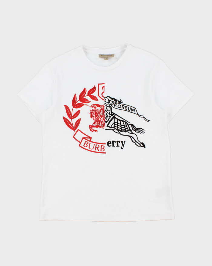 Burberry White Embroidered 'Soleford Splice' Heavyweight Crewneck T-Shirt - M