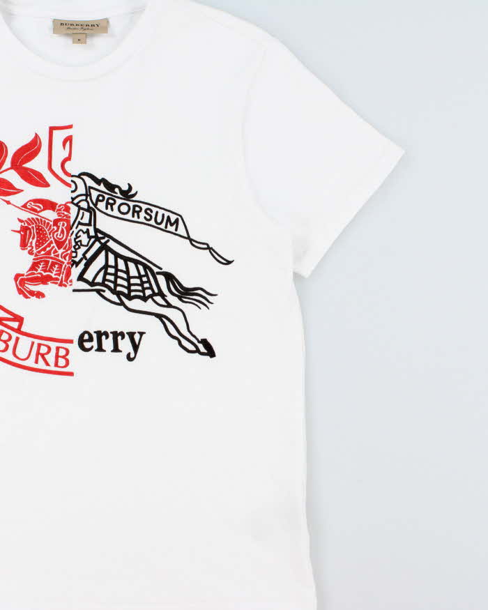Burberry White Embroidered 'Soleford Splice' Heavyweight Crewneck T-Shirt - M