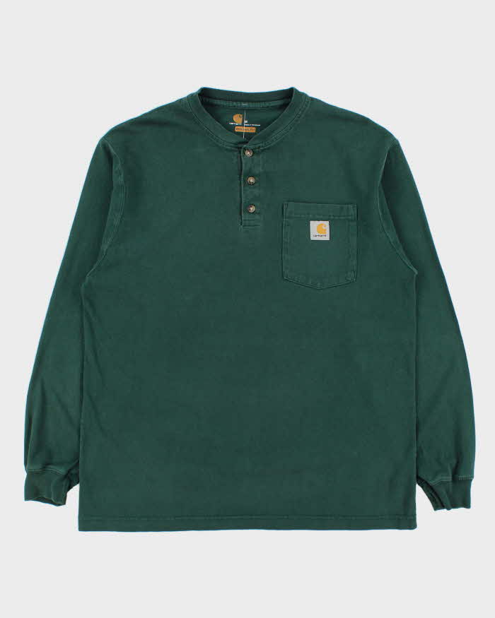 Vintage Carhartt Hunter Green Heavyweight Original Fit Long Sleeve Henley Pocket T-Shirt - M