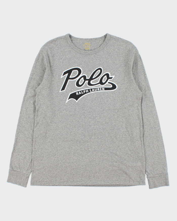 Vintage Polo Ralph Lauren Grey Marl Script Long Sleeve Crewneck T-Shirt - M