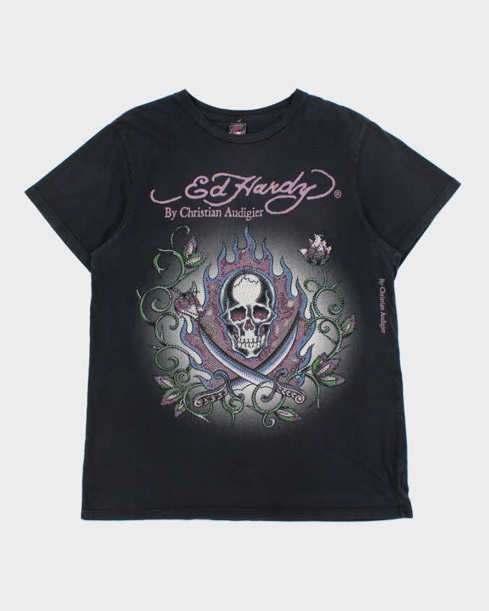 Vintage Y2K 00s Ed Hardy Christian Audigier Rhinestone Embellished Skull & X Bones Crewneck T-Shirt - M