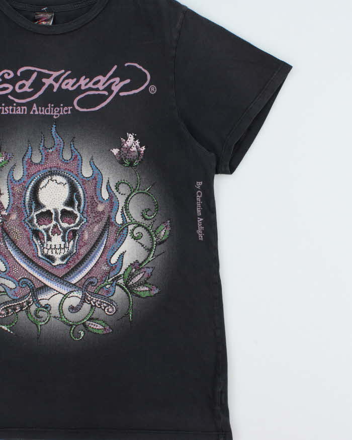 Vintage Y2K 00s Ed Hardy Christian Audigier Rhinestone Embellished Skull & X Bones Crewneck T-Shirt - M