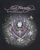 Vintage Y2K 00s Ed Hardy Christian Audigier Rhinestone Embellished Skull &amp; X Bones Crewneck T-Shirt - M
