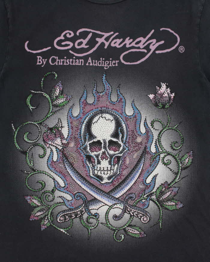 Vintage Y2K 00s Ed Hardy Christian Audigier Rhinestone Embellished Skull & X Bones Crewneck T-Shirt - M
