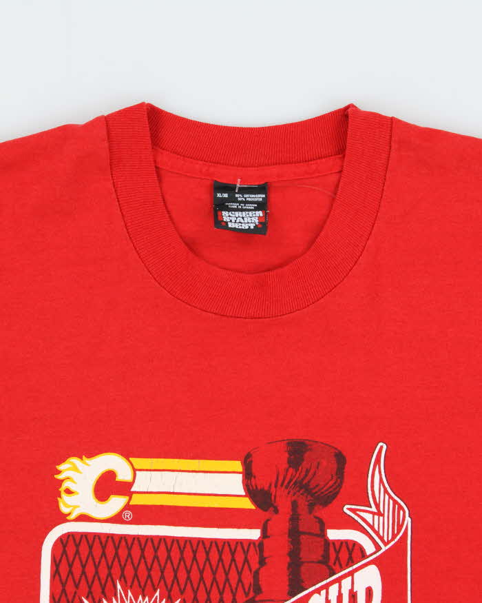 Vintage 1989 Calgary Flames Stanley Cup Champions NHL Screen Stars Single Stitch Made In Canada Crewneck T-Shirt - XL