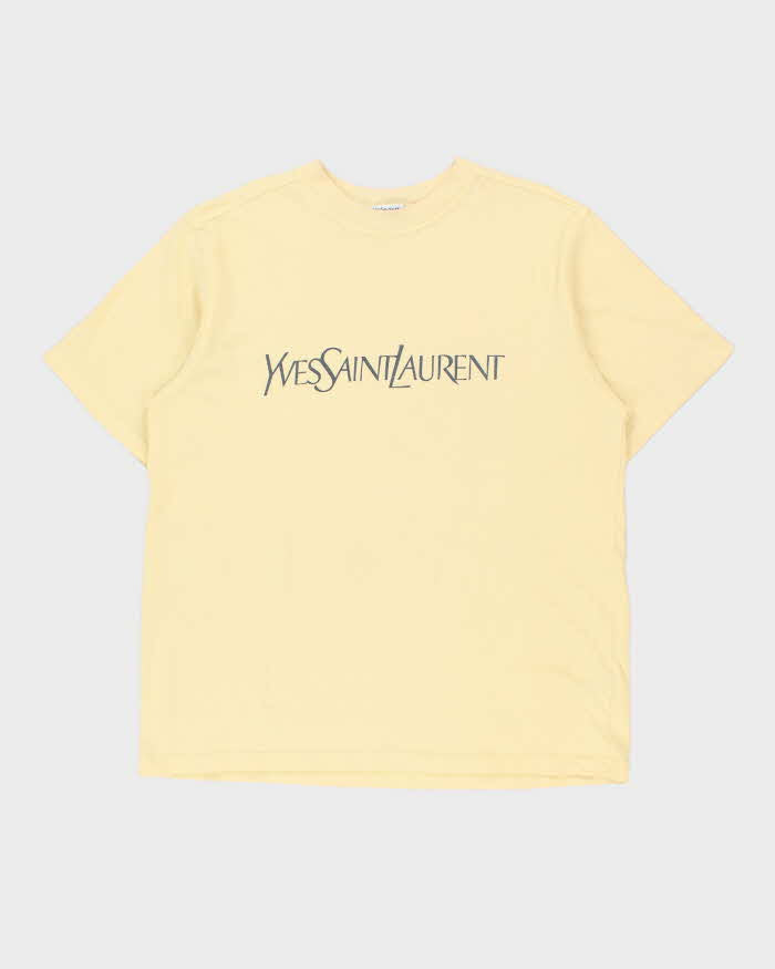 Vintage 1990s Yves Saint Laurent Pale Yellow Heavyweight Spell-Out Crewneck T-Shirt - L