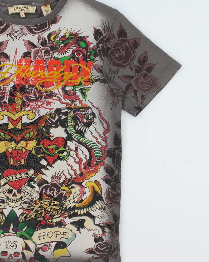 Vintage Y2K 00s Ed Hardy Diamante Embellished Tattoo Crewneck T-Shirt - S