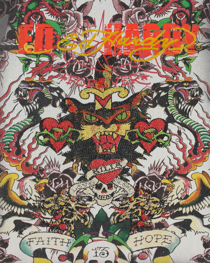 Vintage Y2K 00s Ed Hardy Diamante Embellished Tattoo Crewneck T-Shirt - S