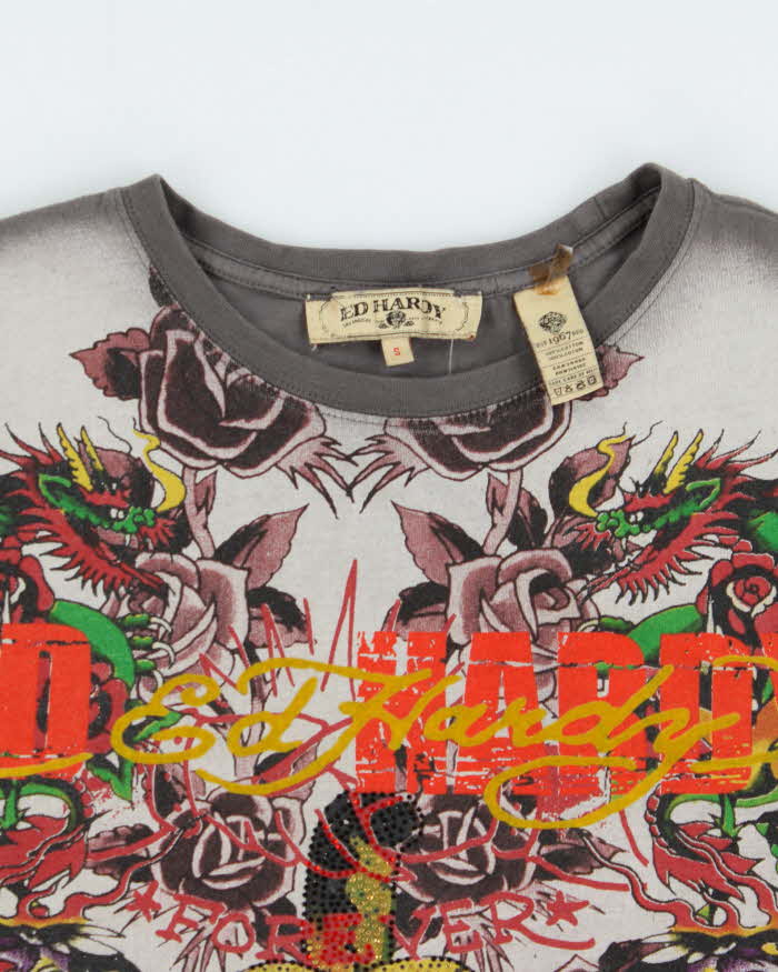 Vintage Y2K 00s Ed Hardy Diamante Embellished Tattoo Crewneck T-Shirt - S