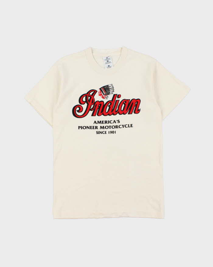 Vintage 1998 Indian Motorcycles Cream Heavyweight Made In Canada Single Stitch Crewneck T-Shirt - S