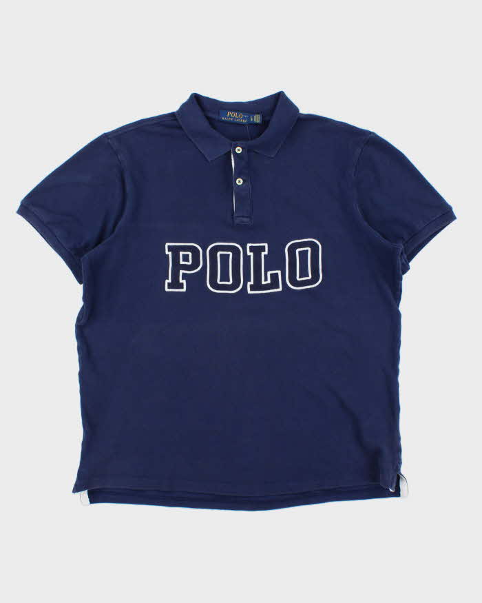Vintage Polo Ralph Lauren Navy Embroidered Spell Out Classic Fit Short Sleeve Polo Shirt - M