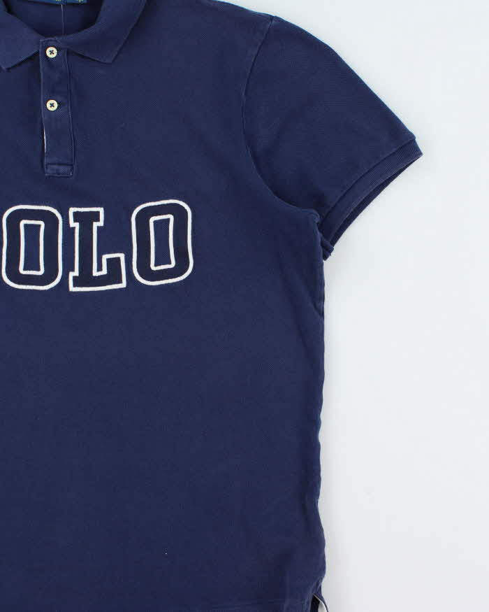 Vintage Polo Ralph Lauren Navy Embroidered Spell Out Classic Fit Short Sleeve Polo Shirt - M