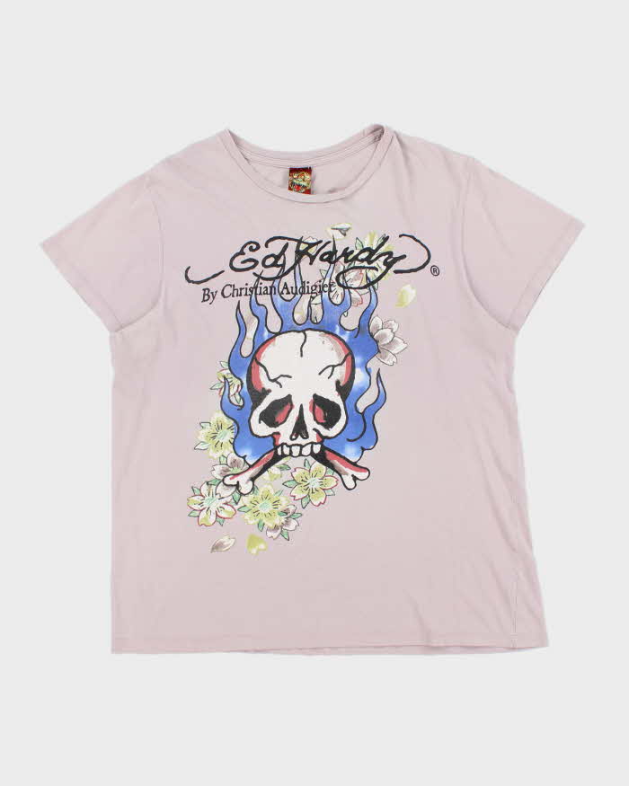 Vintage Y2K 00s Ed Hardy Christian Audigier Primrose Pink Made In USA Crewneck Skull T-Shirt - L