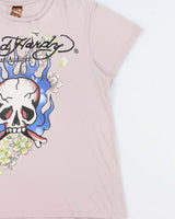 Vintage Y2K 00s Ed Hardy Christian Audigier Primrose Pink Made In USA Crewneck Skull T-Shirt - L