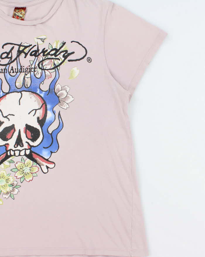 Vintage Y2K 00s Ed Hardy Christian Audigier Primrose Pink Made In USA Crewneck Skull T-Shirt - L