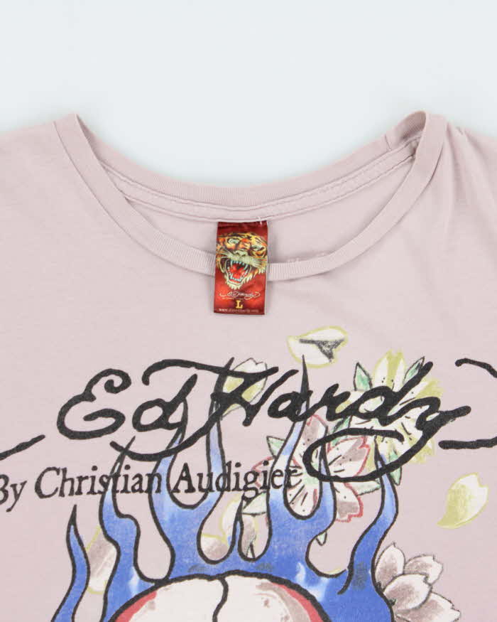 Vintage Y2K 00s Ed Hardy Christian Audigier Primrose Pink Made In USA Crewneck Skull T-Shirt - L