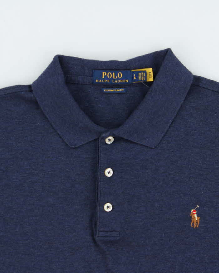 Vintage Polo Ralph Lauren Navy Marl Custom Slim Fit Short Sleeve Polo Shirt - L