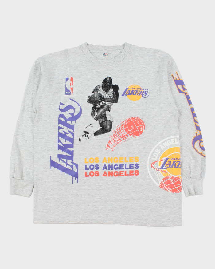 Vintage 1992 LA Lakers Grey Marl Heavyweight Miller USA Single Stitch Long Sleeve Crewneck T-Shirt - L