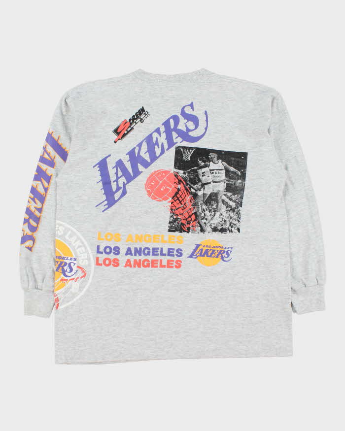 Vintage 1992 LA Lakers Grey Marl Heavyweight Miller USA Single Stitch Long Sleeve Crewneck T-Shirt - L
