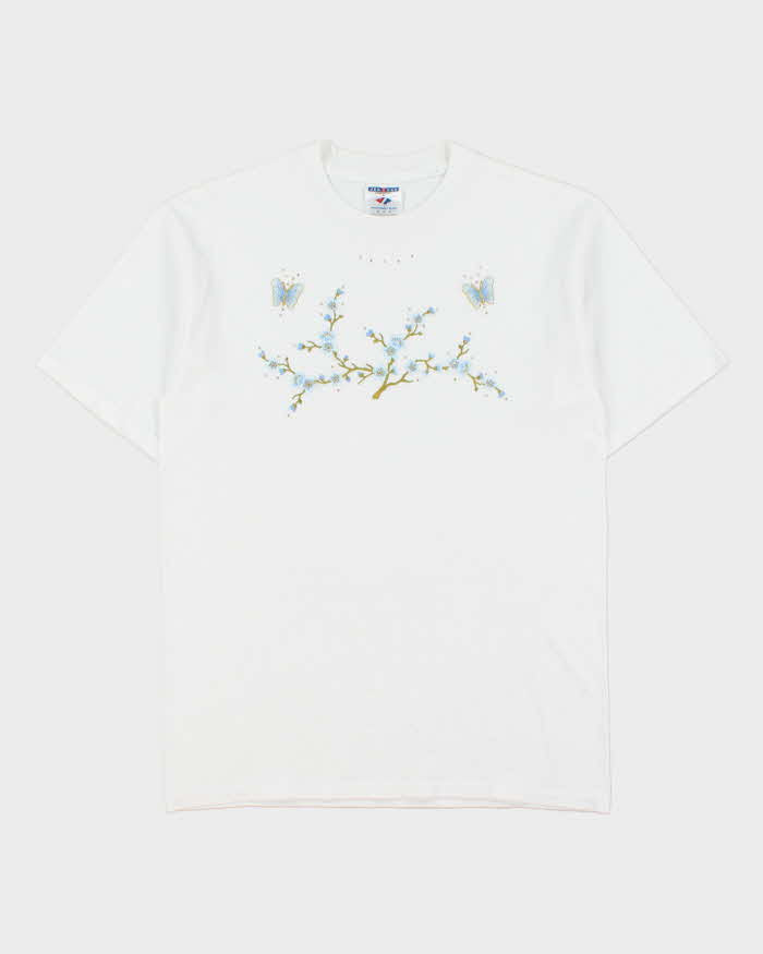 Vintage Y2K 00s Embroidered Floral Embellished Heavyweight Z Jerzees Crewneck T-Shirt - M