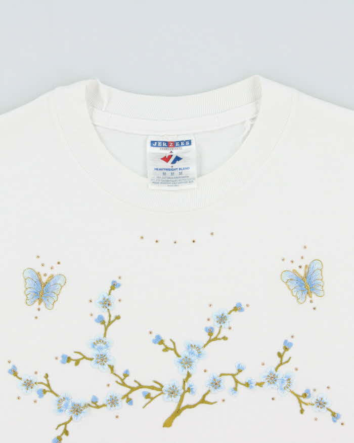 Vintage Y2K 00s Embroidered Floral Embellished Heavyweight Z Jerzees Crewneck T-Shirt - M