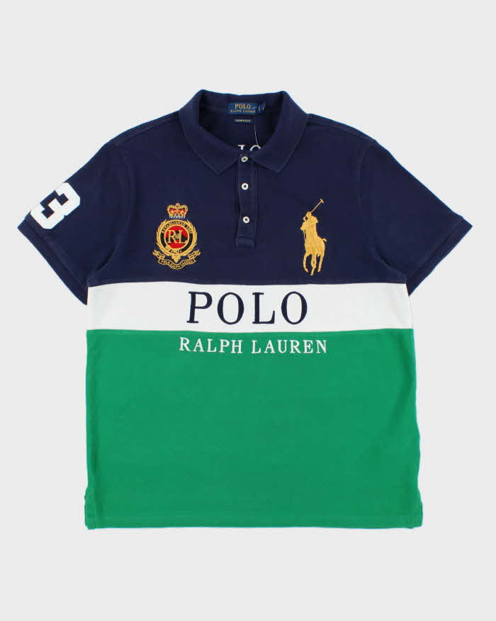 Vintage Polo Ralph Lauren Big Pony #3 Embroidered Custom Slim Fit Striped Short Sleeve Polo Shirt - L