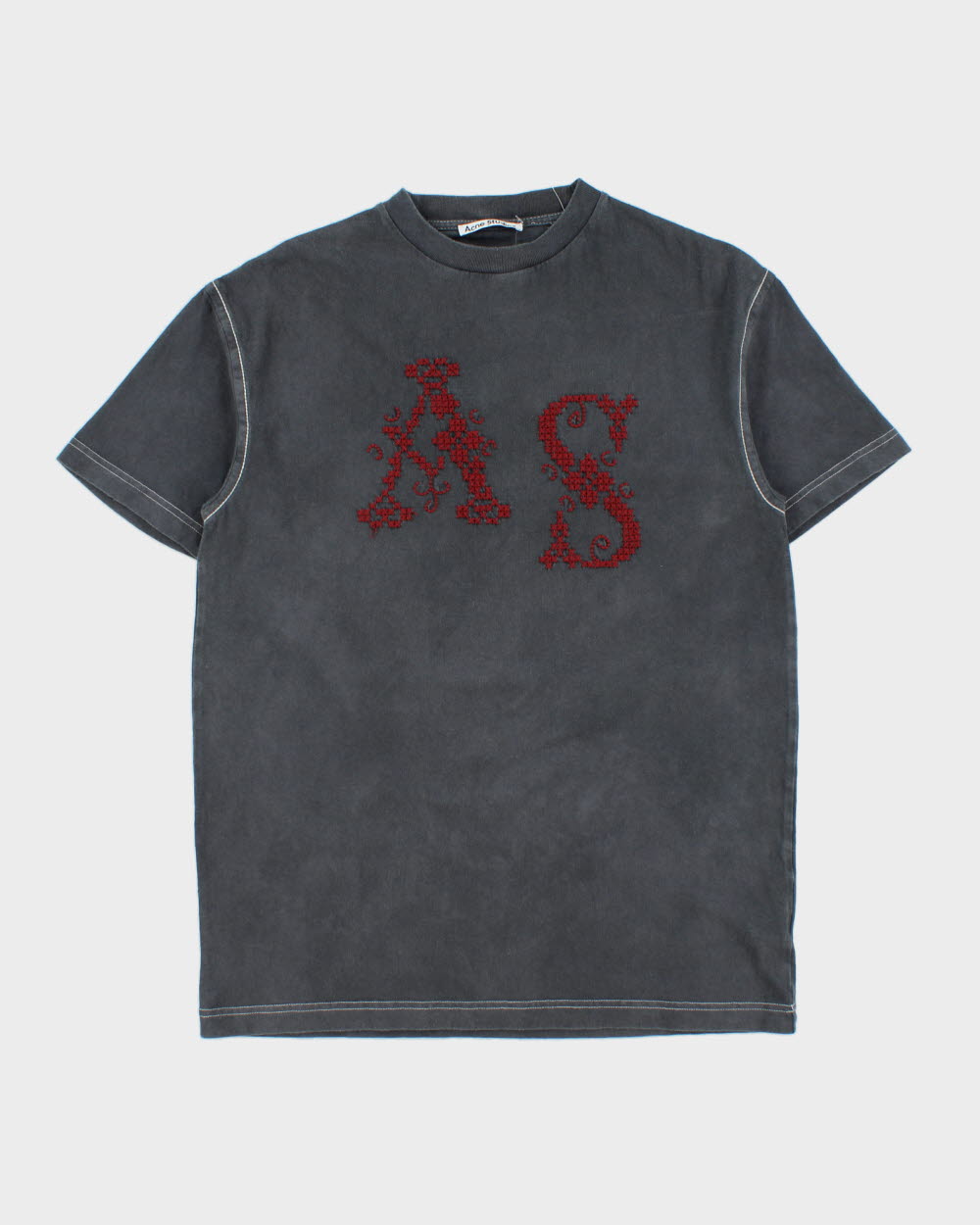 Acne Studios Faded Grey Heavyweight Embroidered Rope Stitch Oversized Crewneck T-Shirt - XXS