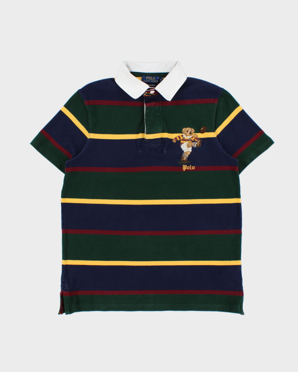 Vintage Polo Ralph Lauren Rugby Bear Striped Custom Slim Fit Short Sleeve Polo Shirt - M