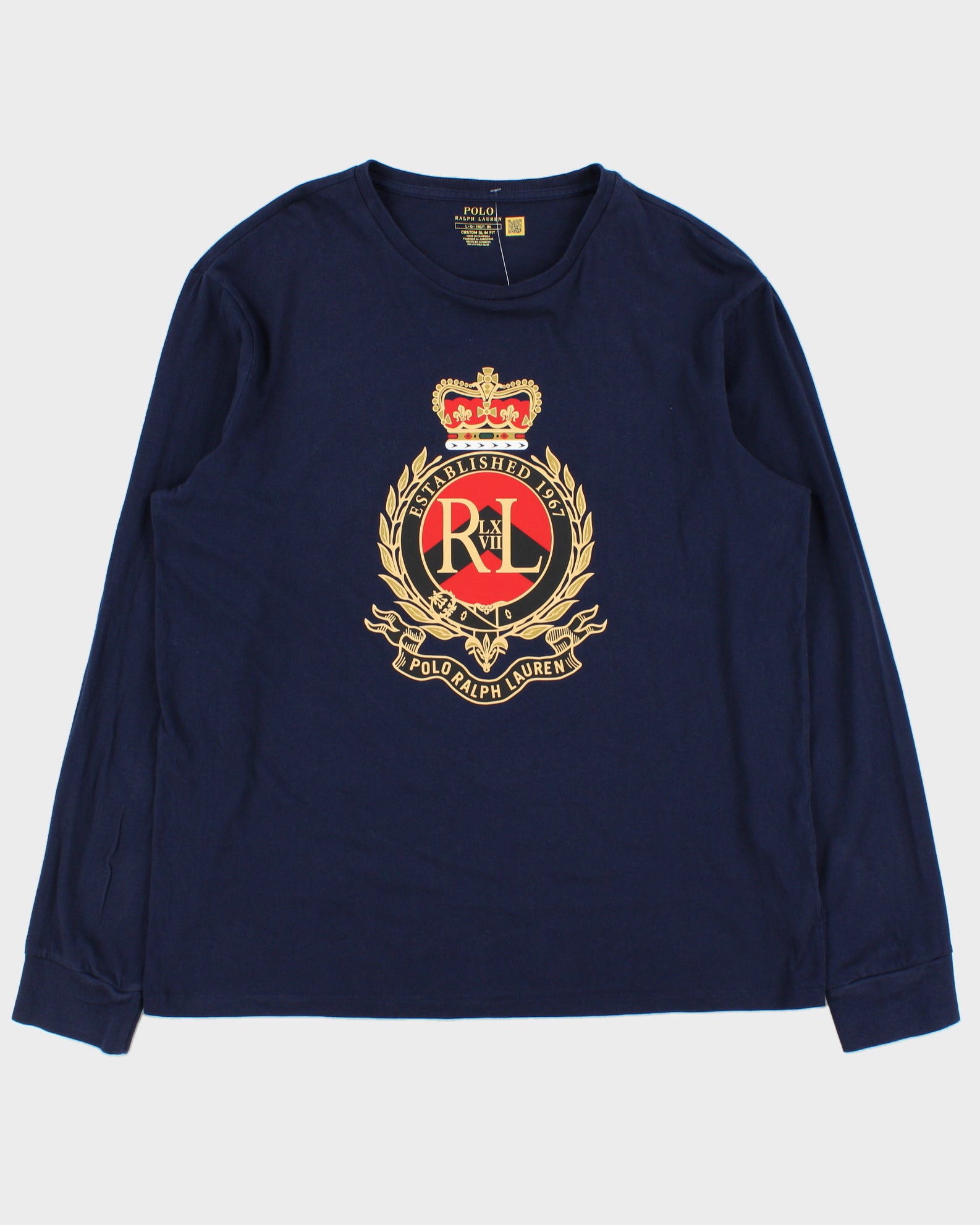 Vintage Polo Ralph Lauren Navy Crest Single Stitch Custom Slim Fit Long Sleeve Crewneck T-Shirt - L