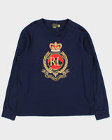 Vintage Polo Ralph Lauren Navy Crest Single Stitch Custom Slim Fit Long Sleeve Crewneck T-Shirt - L