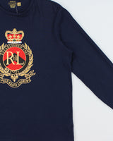 Vintage Polo Ralph Lauren Navy Crest Single Stitch Custom Slim Fit Long Sleeve Crewneck T-Shirt - L