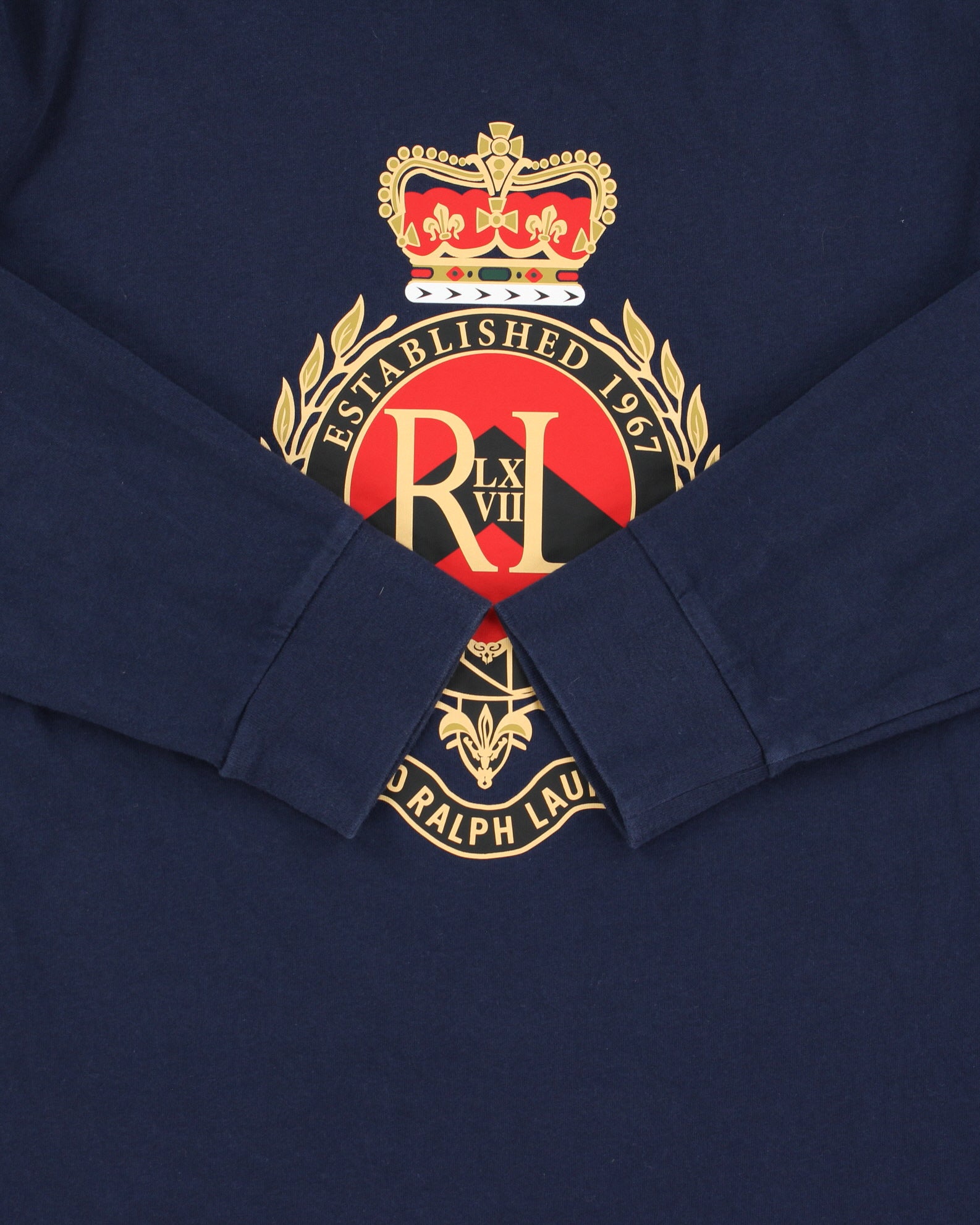 Vintage Polo Ralph Lauren Navy Crest Single Stitch Custom Slim Fit Long Sleeve Crewneck T-Shirt - L