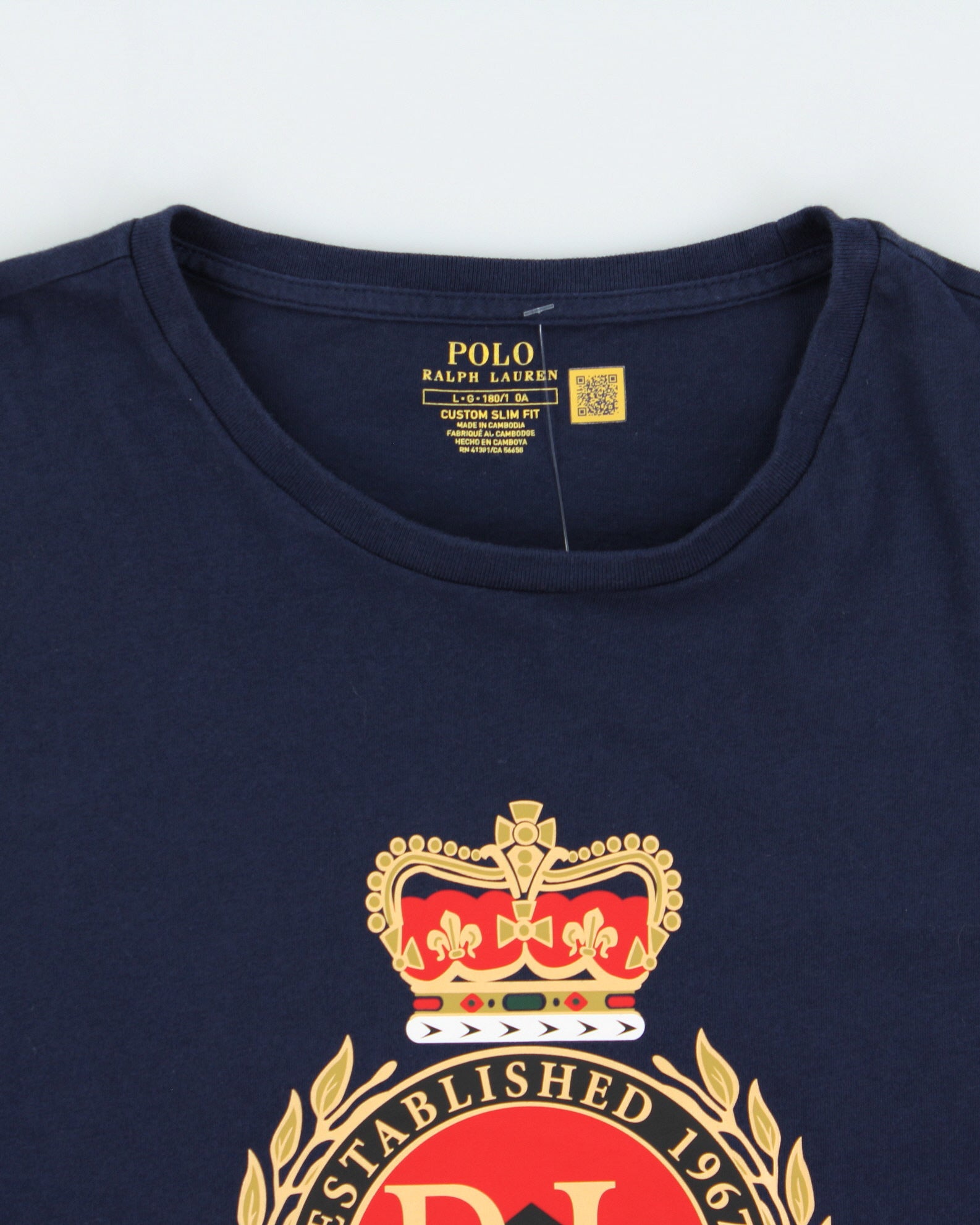 Vintage Polo Ralph Lauren Navy Crest Single Stitch Custom Slim Fit Long Sleeve Crewneck T-Shirt - L