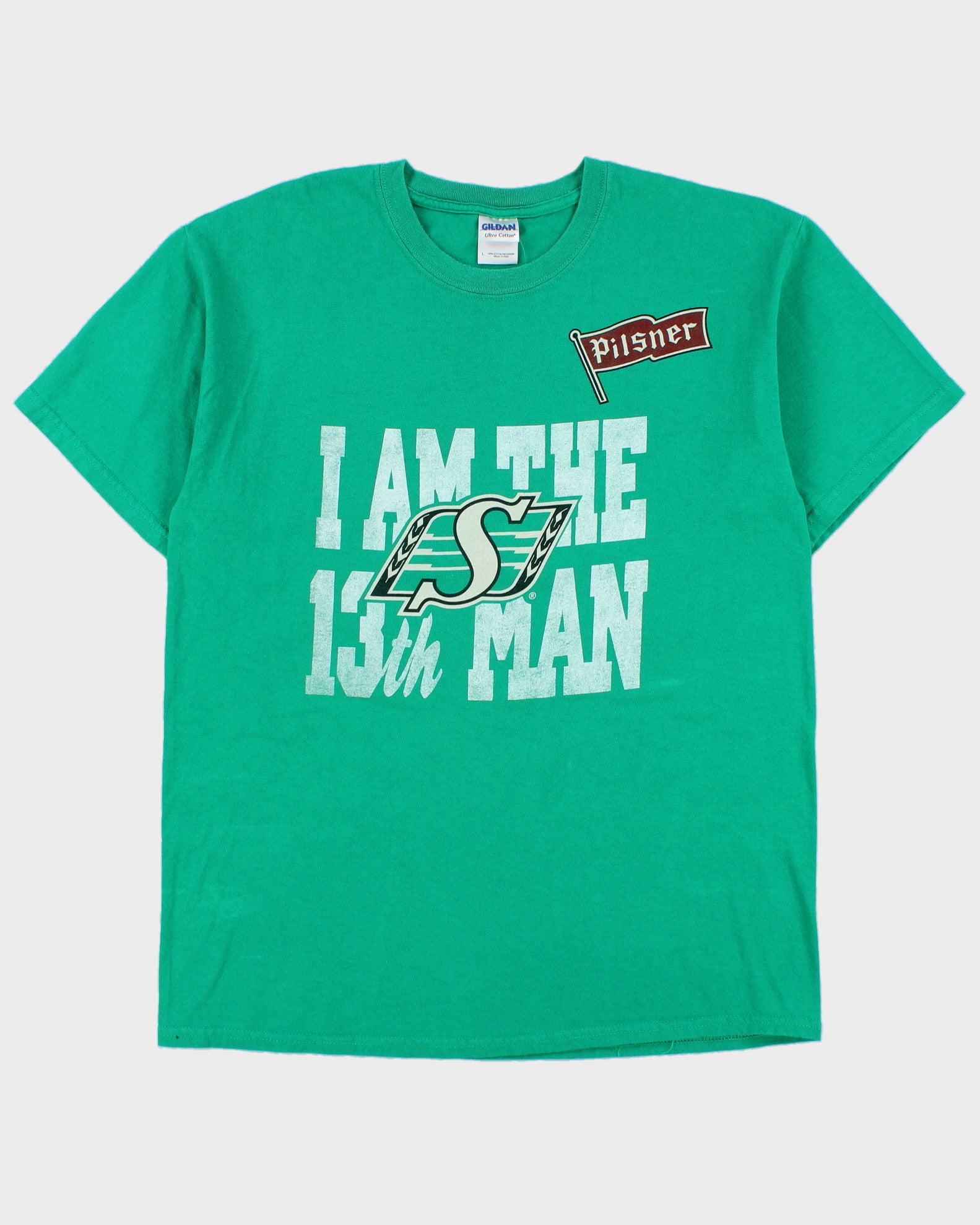 Vintage Y2K 00s Saskatchewan Rough Riders CFL Pilsner Heavyweight Gildan Crewneck T-Shirt - L