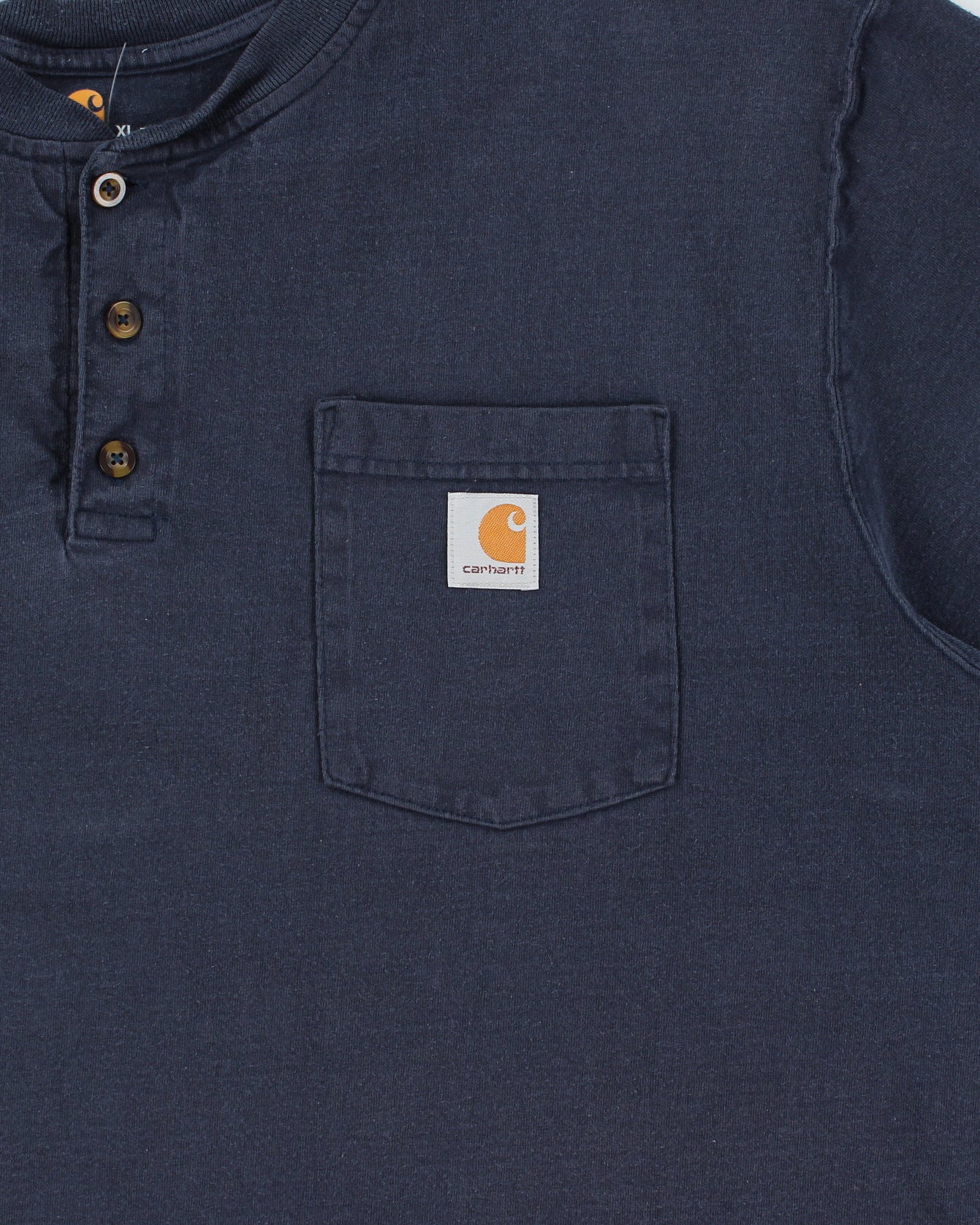 Vintage Carhartt Navy Dearborn Heavyweight Original Fit Henley Pocket T-Shirt - XL