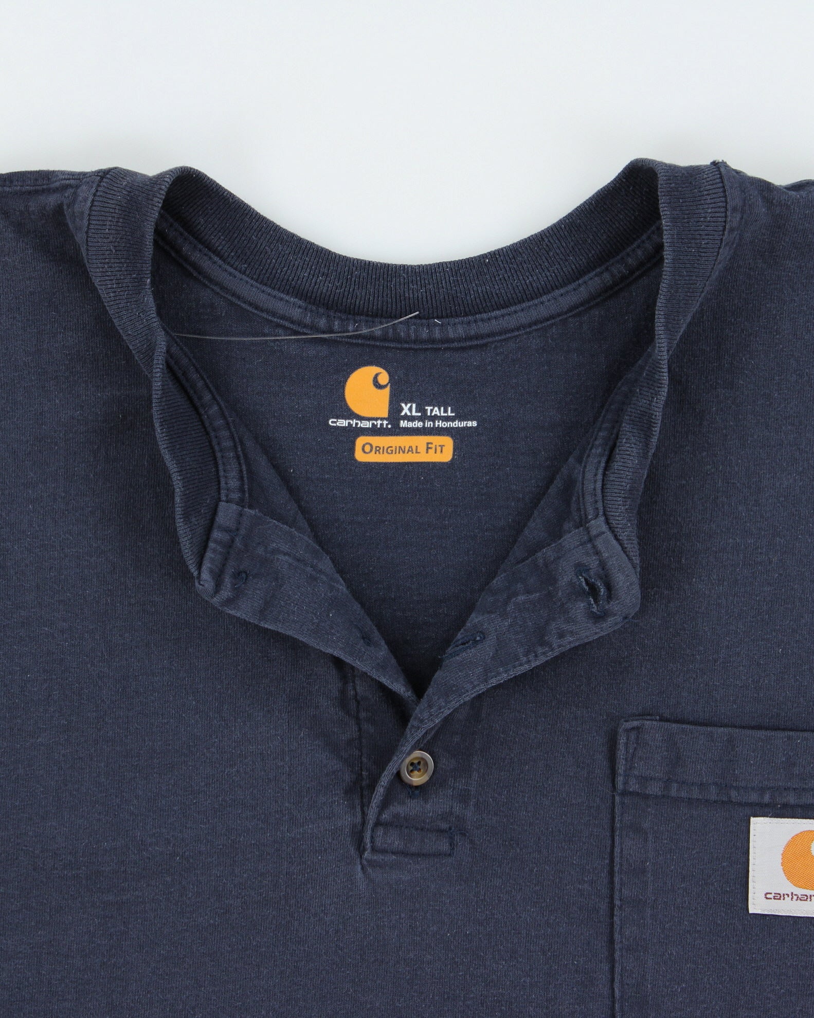 Vintage Carhartt Navy Dearborn Heavyweight Original Fit Henley Pocket T-Shirt - XL