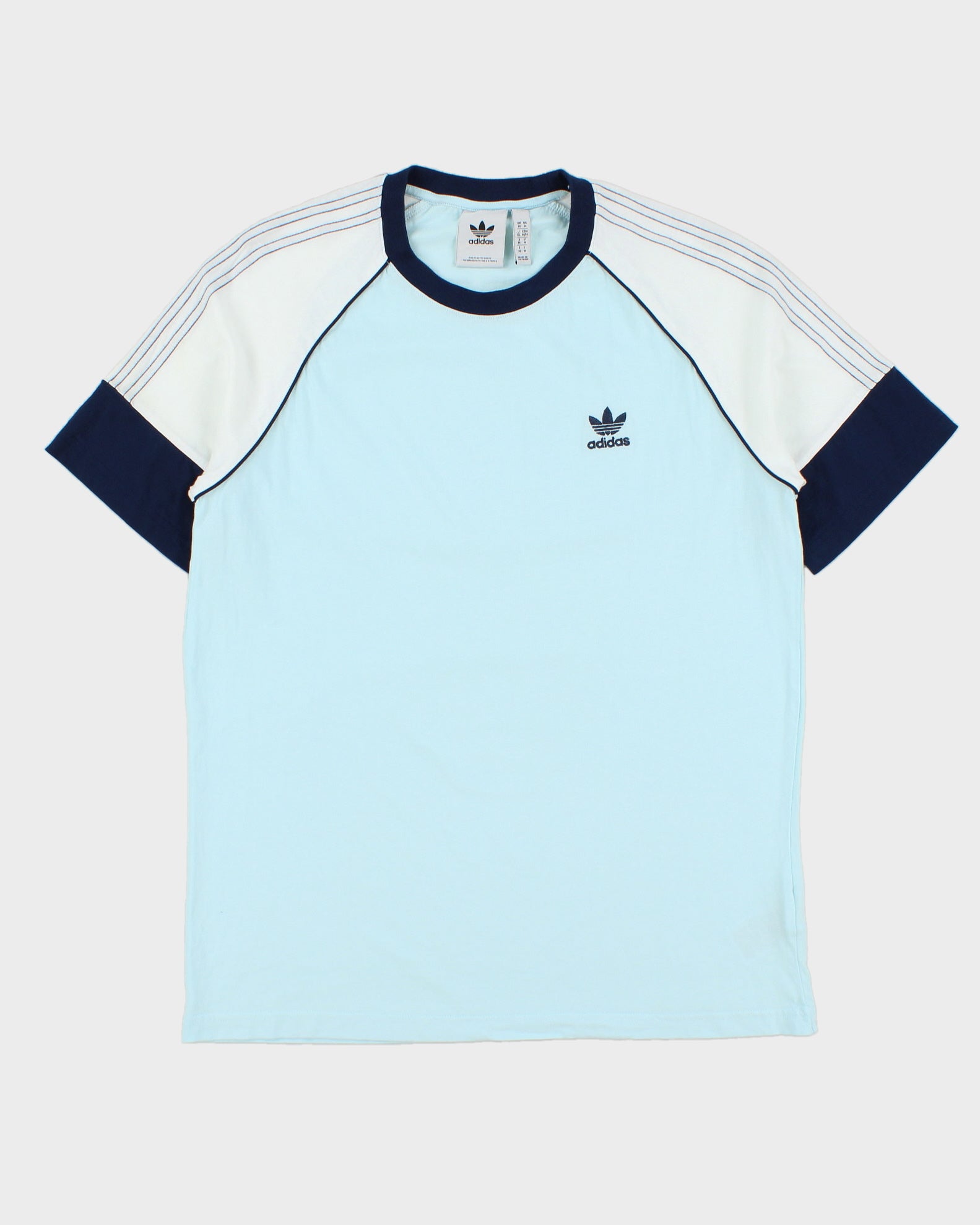 Adidas Originals Baby Blue Embroidered Classic 3-Stripe Crewneck T-Shirt - M