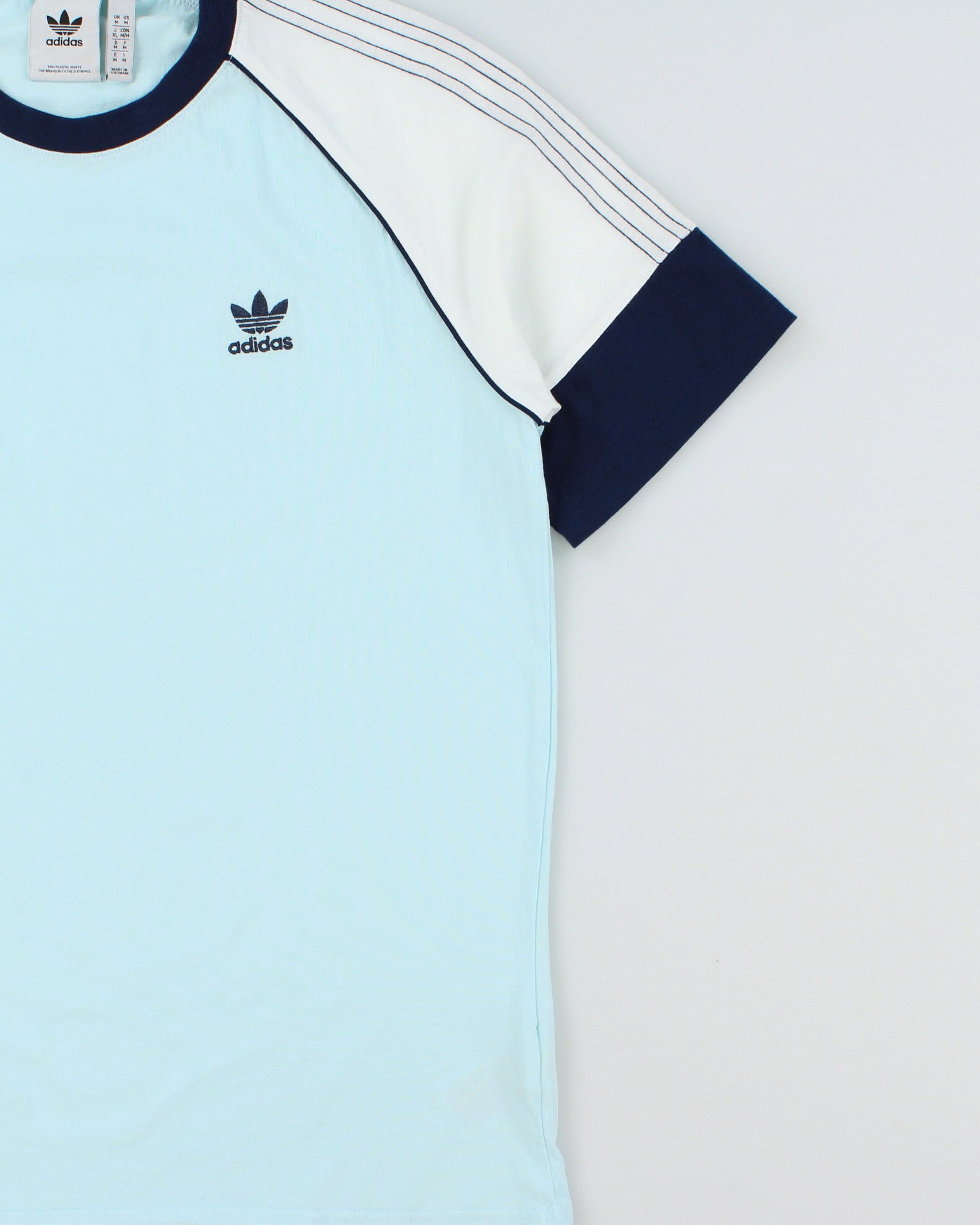 Adidas Originals Baby Blue Embroidered Classic 3-Stripe Crewneck T-Shirt - M