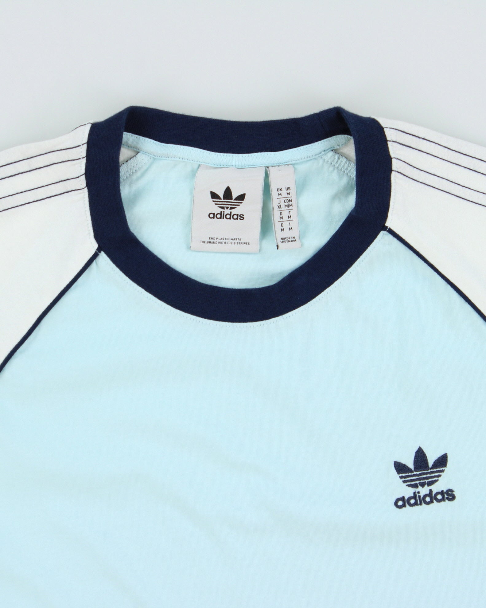 Adidas Originals Baby Blue Embroidered Classic 3-Stripe Crewneck T-Shirt - M