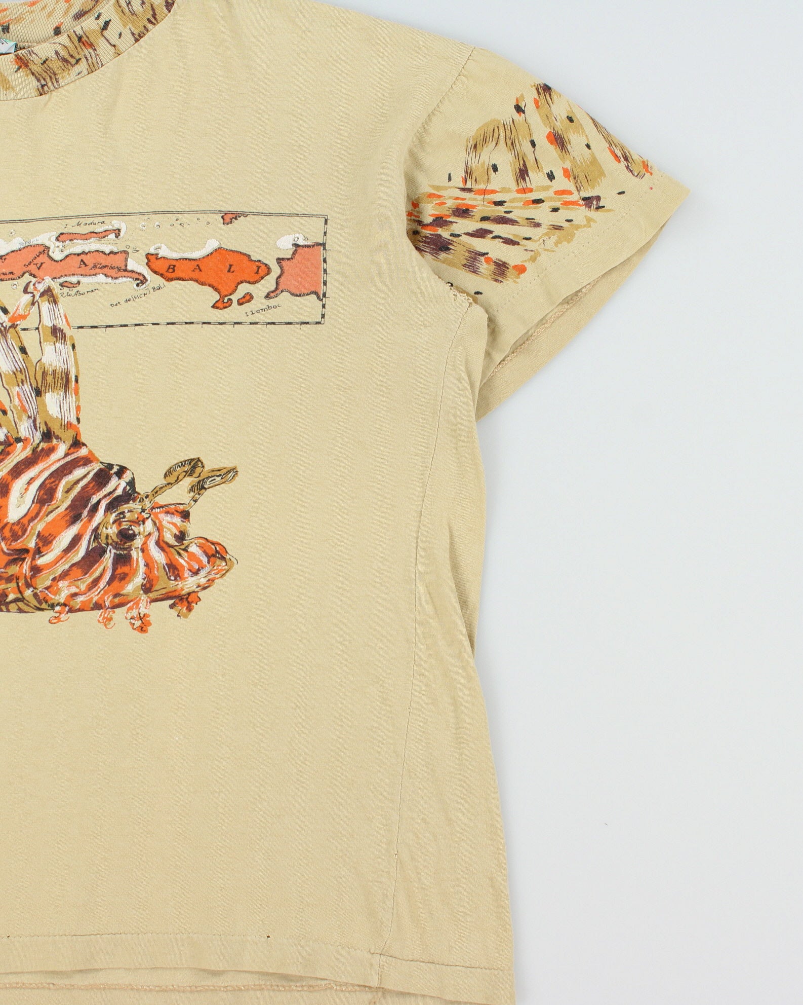 Vintage 1990s Bali Islands Graphic Tan Distressed Single Stitch Boxy Crewneck T-Shirt - XL