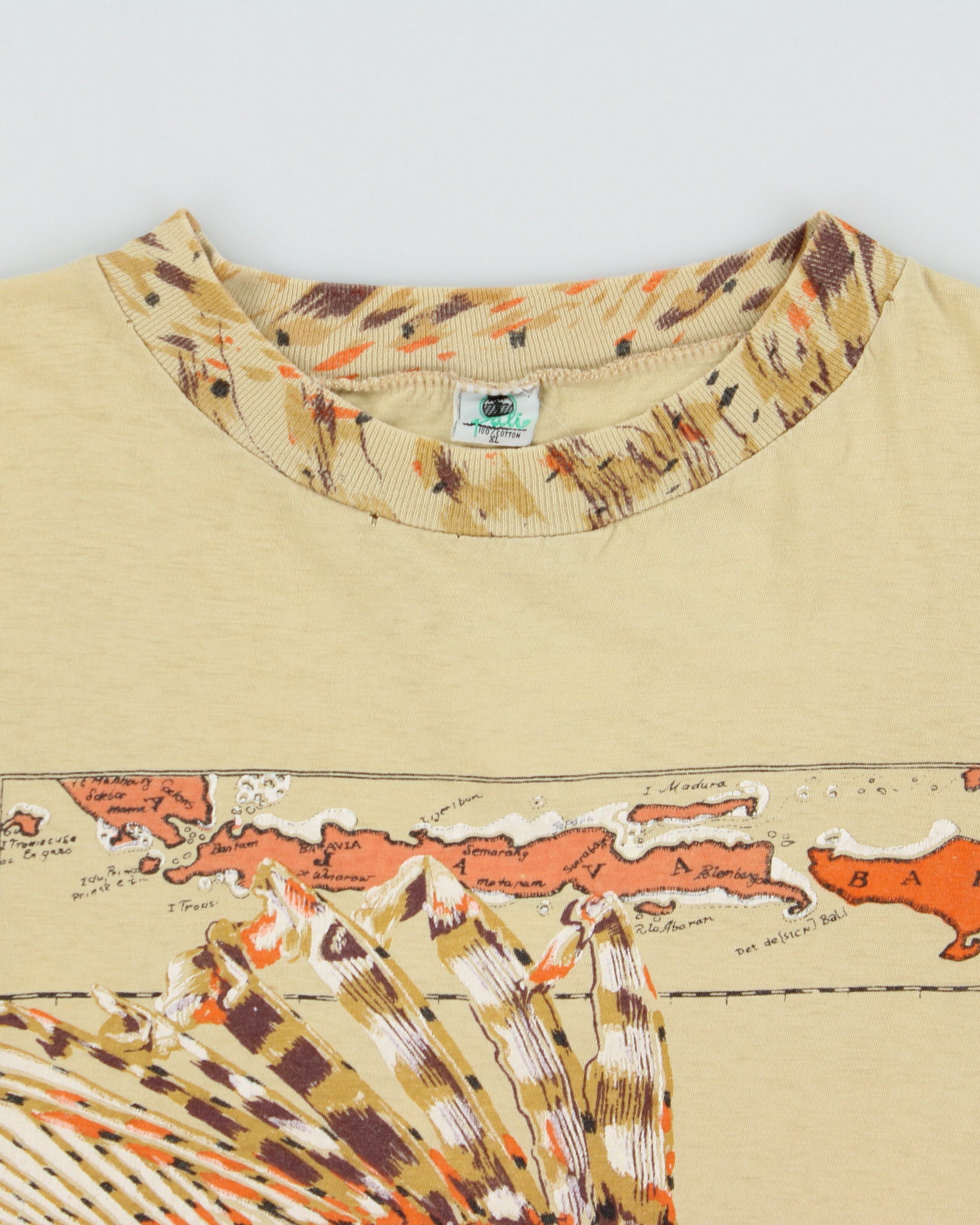 Vintage 1990s Bali Islands Graphic Tan Distressed Single Stitch Boxy Crewneck T-Shirt - XL