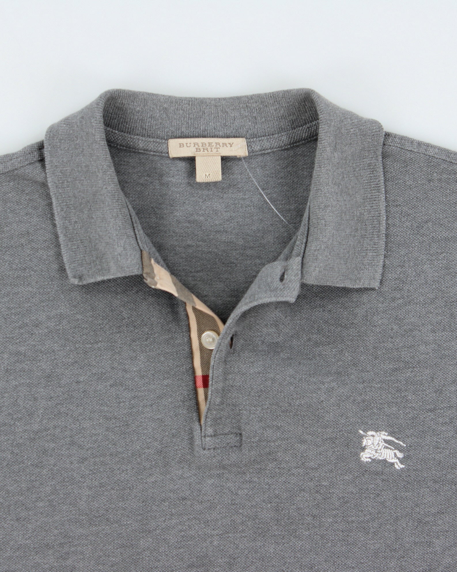 Vintage Burberry Brit Grey Marl Nova Check Placket Classic Fit Short Sleeve Polo Shirt - M