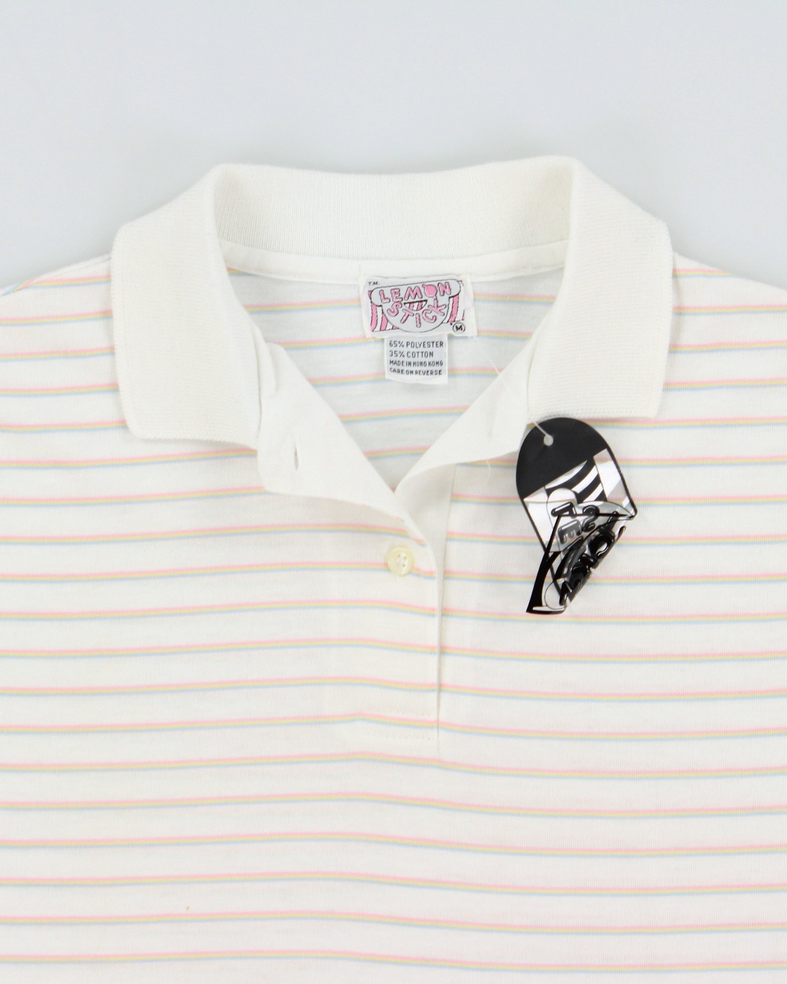 DSWT Vintage 1990s Lemon Stick Striped Ribbed Cuff Short Sleeve Polo Shirt - M