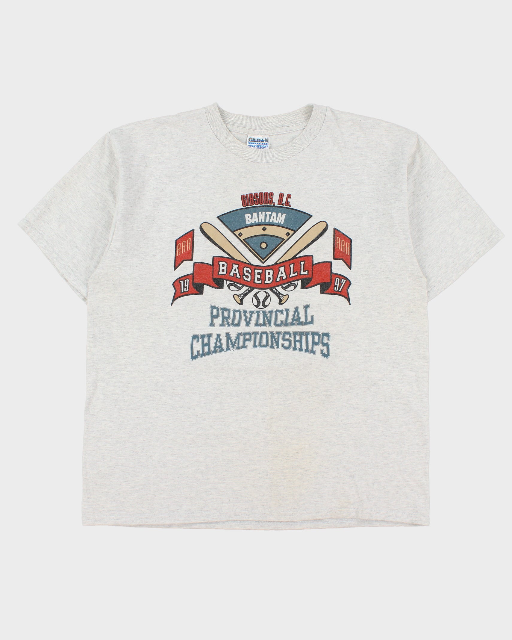 Vintage 1997 Gibsons, Bantam Baseball Championships Grey Marl Heavyweight Gildan Crewneck T-Shirt - XL