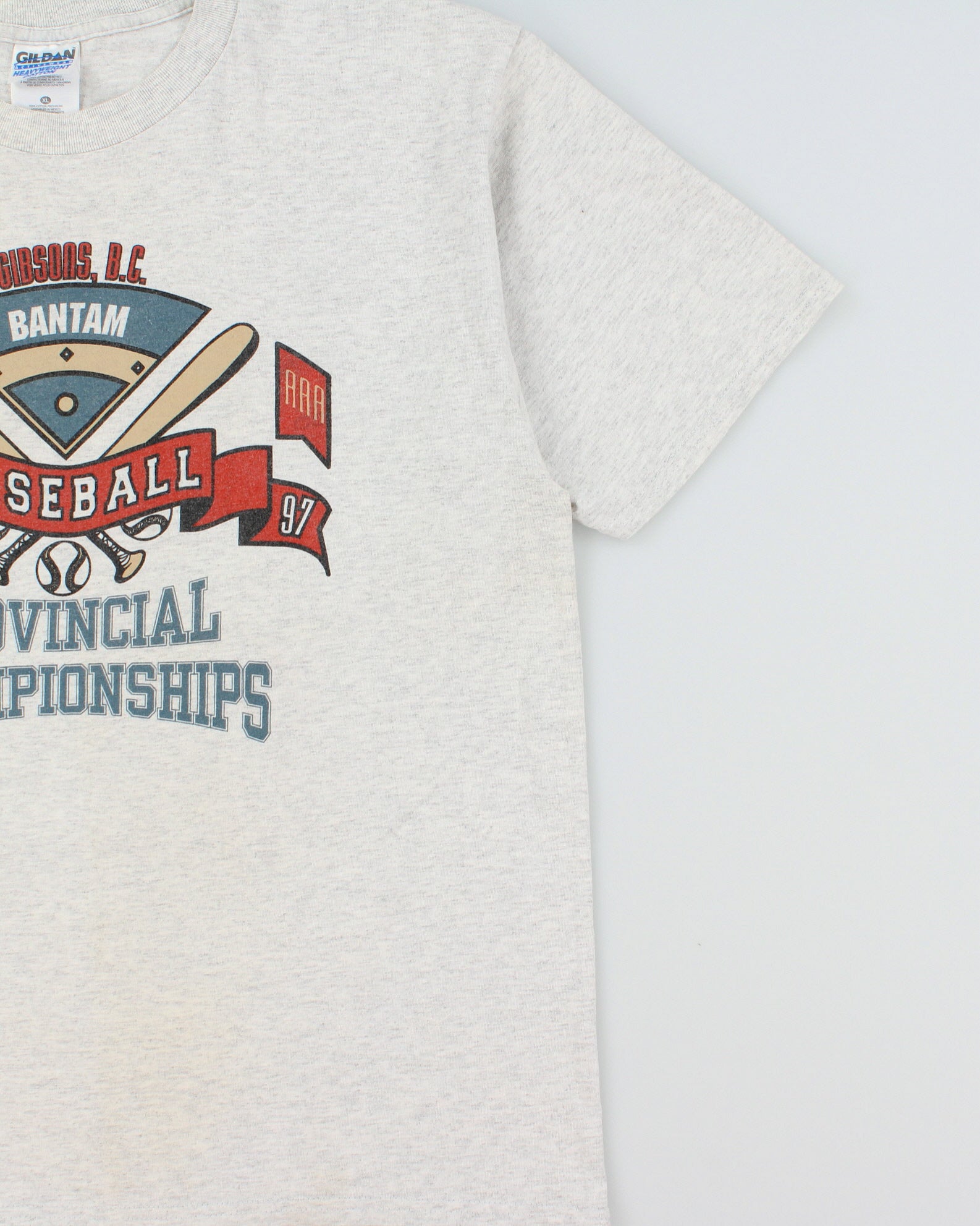 Vintage 1997 Gibsons, Bantam Baseball Championships Grey Marl Heavyweight Gildan Crewneck T-Shirt - XL